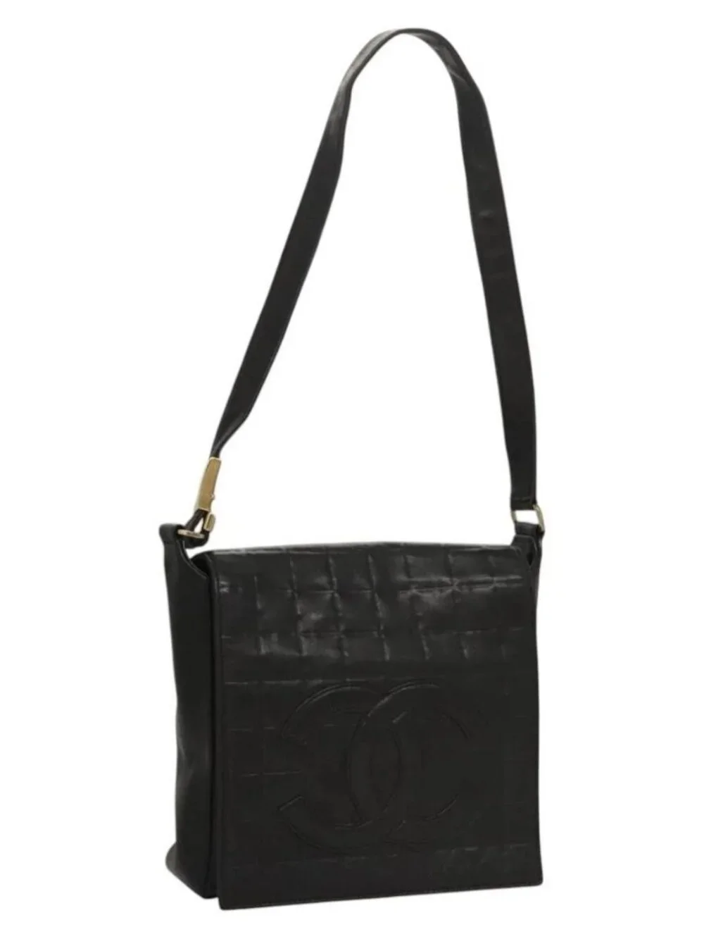 CHANEL Choco Bar line Shoulder Bag Lamb Skin Black CC Auth mr1233